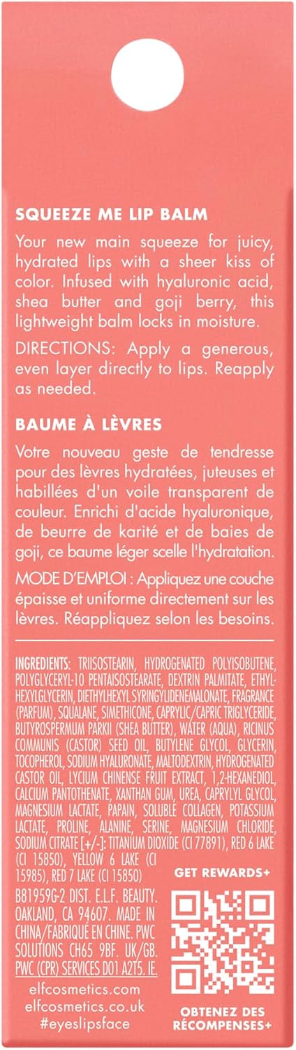 e.l.f. Squeeze Me Lip Balm, Moisturising Lip Balm For A Sheer Tint Of Colour, Infused With Hyaluronic Acid, Vegan & Cruelty-free, Strawberry