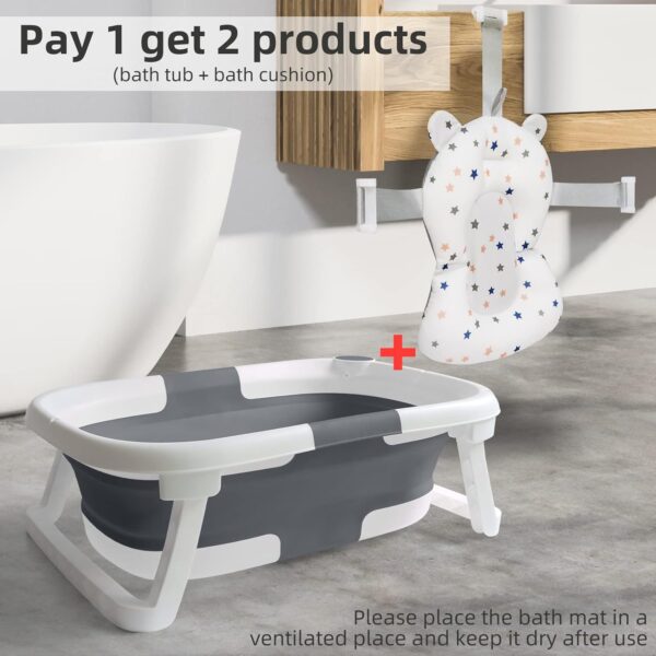 Baby Bath Tub Foldable Bathtub, Collapsible Toddler Bath Tubs with Baths Support Cushion Pad Seat Mat, Anti-Slip Portable Travel Shower Bathing Basin Folding Bathtubs for Newborn Toddler Infant (Grey)