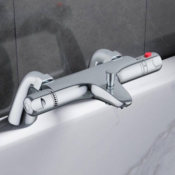 DEPTUNA Thermostatic Bath Shower Mixer,Thermostatic Bath Taps,Bath Mixer Taps with 38°C Anti-Scald Valve and Safety Button,Deck Mounted,Chrome