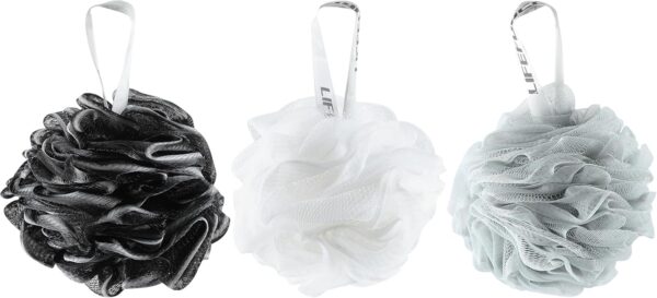 Lifeforce Shower Puff Loofah 60g/ PCS, Shower Exfoliating Bath Sponge for Adults, Comfortable and Soft Mesh Bath Loofah Body Exfoliating Bath Sponge, Luxurious Classic Colours(Set of 3)