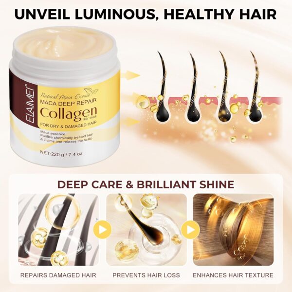 Collagen Hair Mask, Maca Deep Repair Collagen Hair Mask for Dry, Damaged Hair, Repairing Hair Mask with Maca Essence, Moisturising and Nourishing, Conditioner with Argan Oil