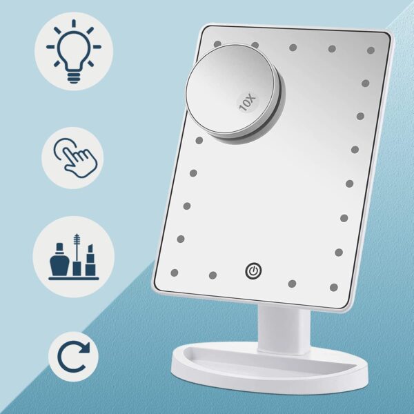 Nestling Makeup Mirror with Lights, 21 LED Lights Vanity Cosmetic Touch Screen, 10x Magnification Detail Mirror, 180° Free Rotation, Dual Power Supply Light
