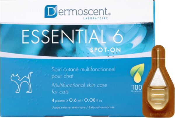 Dermoscent Essential 6 spot-on for Cats - Skin Care for Dandruff Dry or Oily Skin & Hair Loss - Natural Essential Oils & Fatty Acids - for a Healthy Skin & Coat - 4 Pipettes of 0.6 ml / 0.08 fl. oz