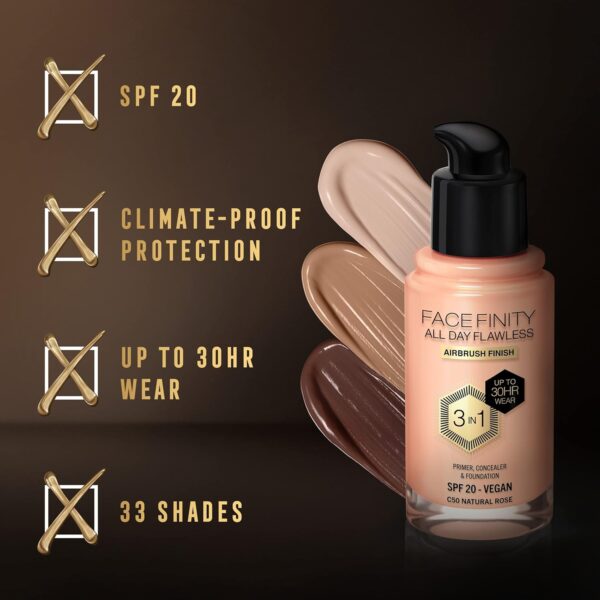 MAX FACTOR - Facefinity All Day Flawless Foundation - 3-in-1 Concealer, Liquid Foundation & Face Primer - Up To 30hr Wear - Flawless Airbrush Finish, SPF 20, Vegan - C50 Natural Rose - 30ml