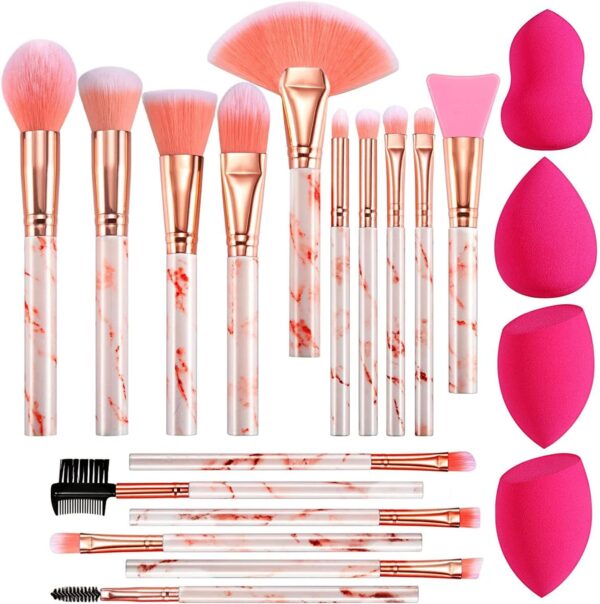 DUAIU Marble Makeup Brushes Set Premium Synthetic Kabuki Powder Blush Contour Foundation Concealer Eyeshadow Brushes with Makeup Sponge - Pink Marble Set)