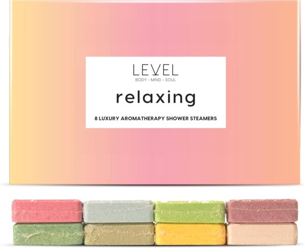 Level Body Mind Soul - Aromatherapy Shower Steamers - Relaxing, 8 Pack - Birthday Gifts for Women - Shower Bombs with Multiple Fragrances - Self Care Relaxation, Body Restore