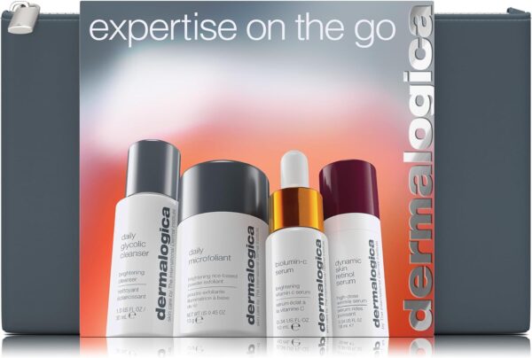 Dermalogica Expertise on the Go Gift Set, Travel-Size Daily Cleanser 50ml, Daily Microfoliant 13g, BioLumin-C Serum 15ml, Retinol Serum 15ml, Skincare Set, Pack of 4 + Travel Bag