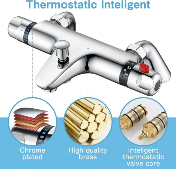 Thermostatic Bath Shower Mixer Tap, AIMOYO Deck Mounted Thermostatic Bath Tub Taps, Solid Brass Thermostatic Bathtub Shower Mixer Bar Valve, Thermostatic Bath Mixer Taps with Shower, 180mm