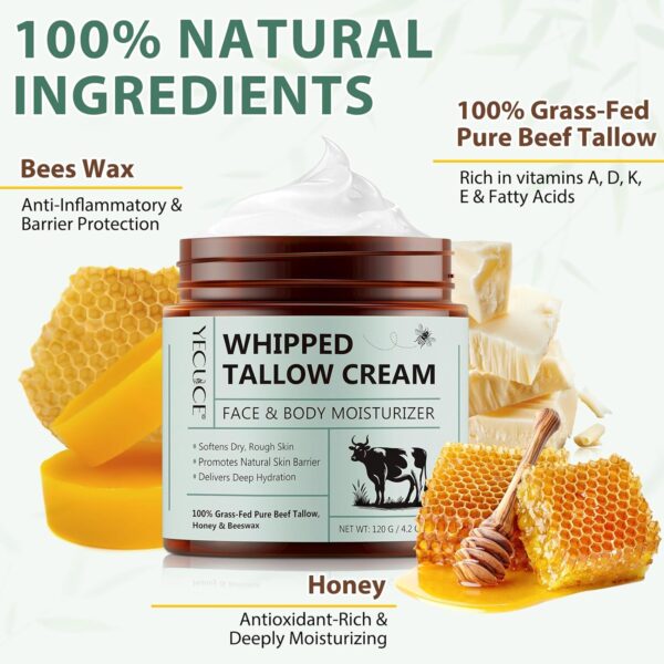 Beef Tallow Skin Care, Organic Beef Tallow Face Cream, Grass Fed Beef Tallow Moisturiser, Natural Beef Tallow for Skin, Whipped Tallow and Honey Balm for Dry Skin Deeply Nourishing for Face & Body