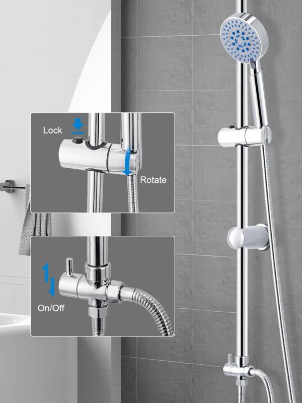 Youyijia Shower Riser Kit Shower Mixer Twin Head Shower Set Bathroom Square Mixer with Handheld Shower and 8" Square Overhead Adjustable Rainfall Shower Taps and Hose Chrome Plated Kit (Round)