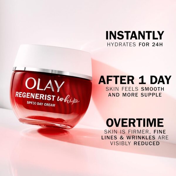 Olay Regenerist Whip Day Face Cream SPF30, Lightweight Anti-Wrinkle + Firming Skincare Moisturiser with Sun Protection, Anti-Ageing Niacinamide and Peptides, Renews, Firms and Hydrates 50ml