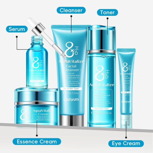 Quiyum Skincare Gift Set, 8X H2O AquaVitalize Skin Care Sets & Kits, Cleanser,Toner,Serum,Eye Cream,Face Cream, Pamper Gift Set for Women Mom Birthday, Luxury Glass Face Care Kit for All Skin Types