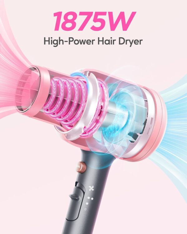 Wavytalk Hair Dryer, Blown Away Ionic Hair Dryer for Curly Hair with Diffuser, 1875W Fast Drying Blow Dryer with Ceramic Technology, 3 Attachments for All Hair Types, Light and Quiet, Rose Gold