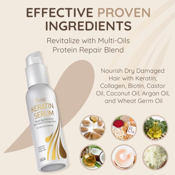 Vitamins Hair Serum Keratin Treatment - Biotin Collagen & Coconut Oil Hydrating Moisturiser for Frizzy Dry Damaged Hair - Anti Frizz Heat Protection for Curly Wavy Straight Locks