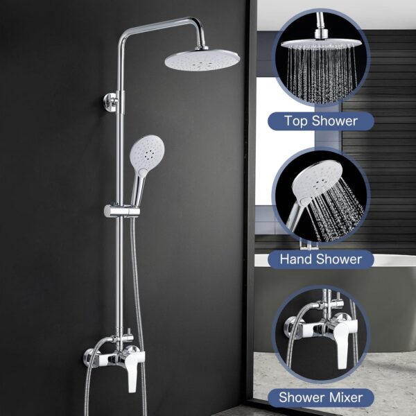 Coleniny Shower System with Diverter Chrome, Shower Mixer Set with 21cm Round Overhead Rainfall Shower Head, 3-Function Handheld Shower, Riser Rail, Adjustable Height Anti Scald Shower Set