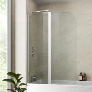 Luxura® 1400 x 1000mm Chrome 2 Section Folding Over Bath Shower Screen Door 6mm Clear Toughened Safety Glass Panel 180° Pivot Bathroom Hinged Framed Bath Screens