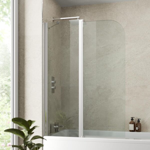 Luxura® 1400 x 1000mm Chrome 2 Section Folding Over Bath Shower Screen Door 6mm Clear Toughened Safety Glass Panel 180° Pivot Bathroom Hinged Framed Bath Screens