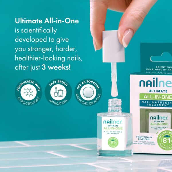 Nailner Ultimate All-in-One Nail Hardening Treatment – Nail Polish Strengthener – Clear Nail Varnish – Nail Strengthener for Damaged Nails – For Stronger, Harder, Healthier-Looking Nails – 10ml