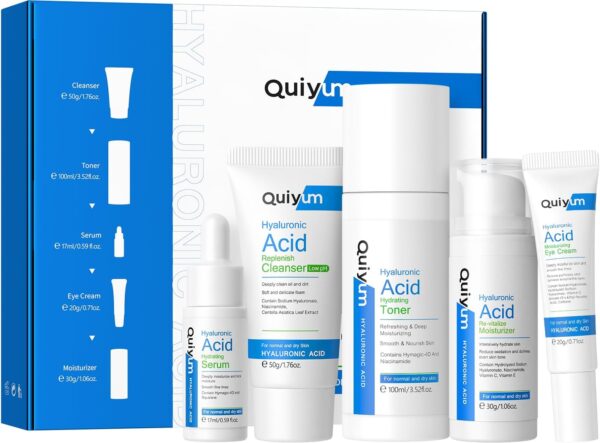 Quiyum Hyaluronic Acid Skincare Set, Hydrating Face Care Kit for Dry & Normal Skin, Facial Cleanser,Toner,Serum,Eye Cream,Face Cream, Pamper Gift Set for Women Teenage Girls Mom Birthday, Travel Kit