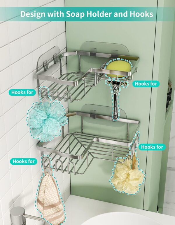 HapiRm Shower Caddy Shower Corner Shelves with 11 Hooks, Shower Organiser for Razor soap and shampoo, Bathroom Storage & Kitchen Storage Bath Accessories Stainless Steel, 6 Sticker, 2 pcs