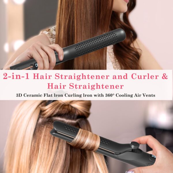 Hair Straightener and Curler 2-in-1, 360° Airflow Styler Curling Iron, 1.25 Inch Curling Wand, 20 Million Negative Ion Hair Care, 5 Temps & Auto Off, Dual Voltage (Black)