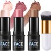 3Pcs Contour Highlighter Blush Sticks with Brush - Cream Contour Bronzer Stick for Cheeks Eyes Lips, Long Lasting Waterproof Smooth Makeup Sticks for All Skin Type Face Makeup