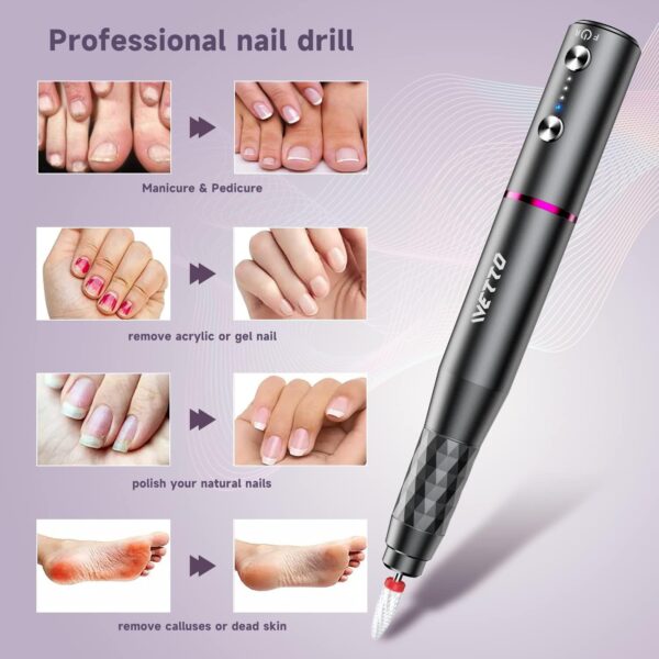 IVETTO Professional Electric Nail Drill, Cordless Nail Drill Machine with Ceramic Nail Bit for Acrylic, Gel Nails, Manicure Pedicure Polishing Shape Tools Design for Home Salon Use(Grey)