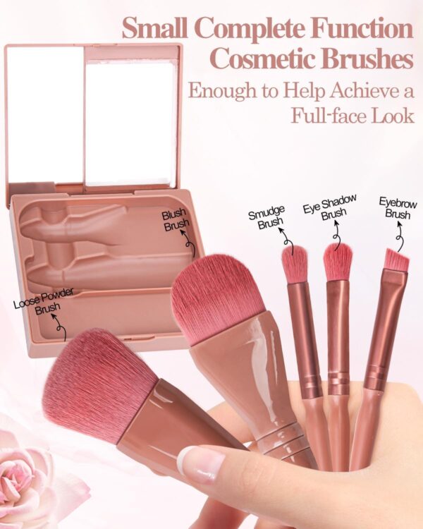PGRODE Travel Size Makeup Brushes Mini Set with Hard Case and Built-in Mirror, 5Pcs Small Cosmetic Brushes, On the Go Brush Travel Essentials kits for Women, Girls Gift (Red)