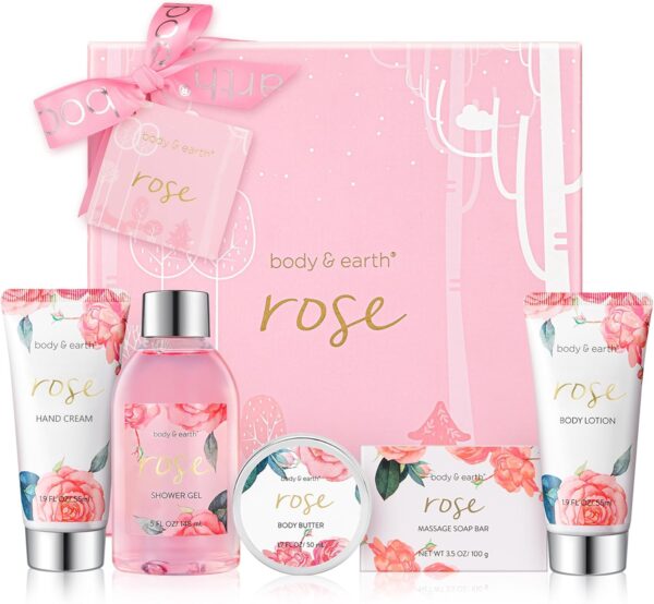 BODY & EARTH Bath Spa Women Gift Set, 5 Pcs Rose Gift Sets Box for Women Pamper Gifts for Women with Soap, Shower Gel, Body Butter, Body Lotion, Gifts for Women, Birthday Gifts, Christmas Gifts