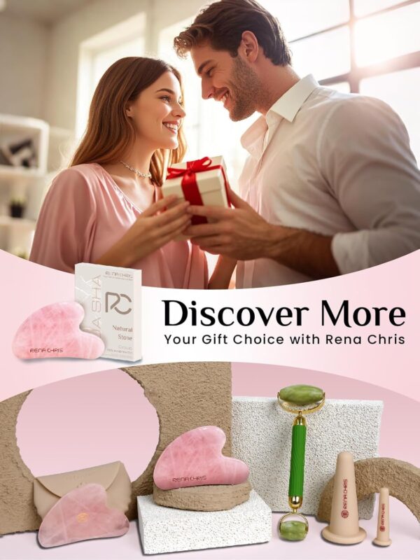 Rena Chris Gua Sha Facial Tools, Natural Rose Quartz Gua Sha Stone, Guasha Tool Face for Jawline Sculpting and Puffiness Reducing, Gua Sha Massage Tool, Skin Care Gift (Pink)