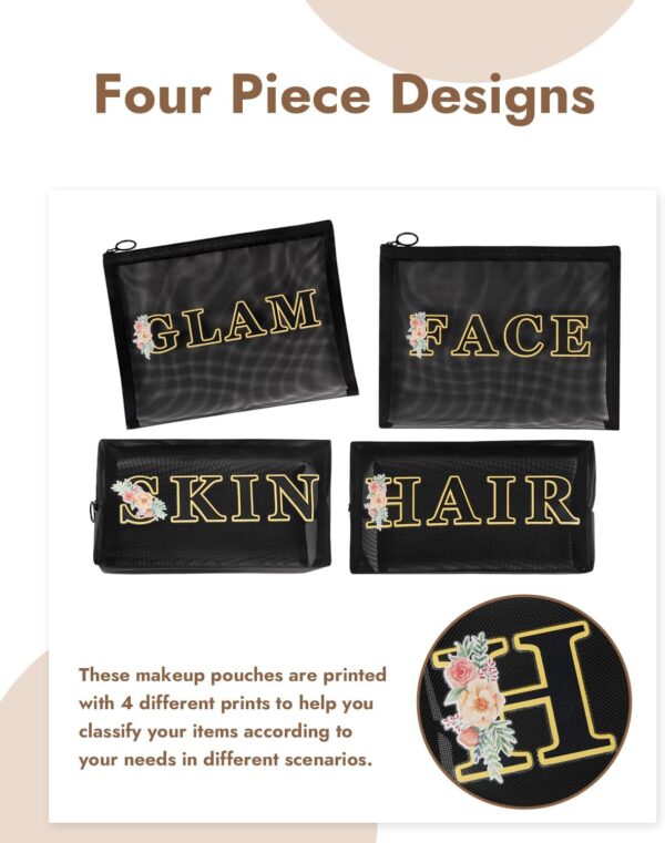 GINOYA 4PCS Mesh Makeup Bags, Nylon Letter Cosmetic Bag Set, Travel Essentials Pouch Set Print with Skin Hair FACE Glam Letter (Black)