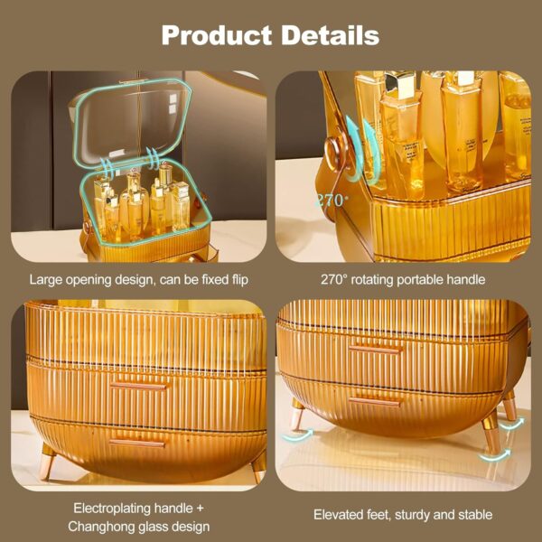 Galatée Portable Retro Series Multi-Function Make Up Case Dustproof Cosmetic Storage Box,Cosmetics Skin Care Products Jewelry Organizer Case Finishing Box Bathroom Desktop -Amber