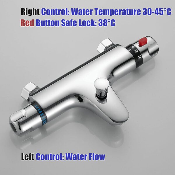 Thermostatic Bath Shower Mixer Valve Deck Mounted with Legs, Solid Brass Body Chrome Plated, Easy to Control Water Flow and Temperature from 30-45°C, Safety Button Temperature 38°C