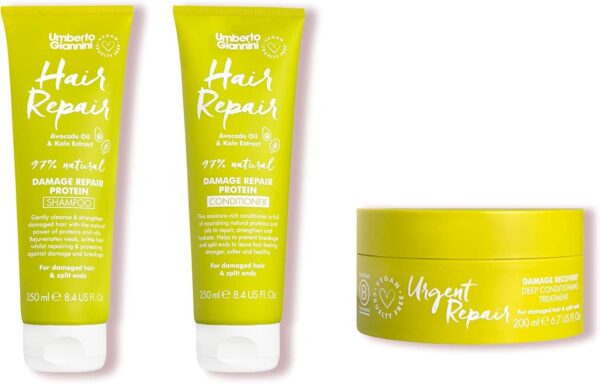Umberto Giannini Damaged Hair Repair Routine - Shampoo, Conditioner and Urgent Repair Treatment Mask - Hair Kit For Dry & Split Hair - Vegan and Cruelty Free