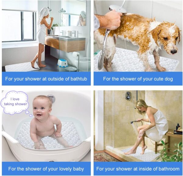 Non Slip Bath Mat Shower Mats Anti Mould for Bathroom and Bathtub with Large Suction Cup and Thickened Rubber Backing Long 70 * 40cm, Clear