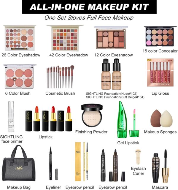 All in One Makeup Kit, Makeup Kit for Women Full Kit, Travel Makeup Kit, Makeup Gift Set for Women, Makeup Essential Bundle Include Foundation Eyeshadow Lipstick Eyebrow Pencil Cosmetic Brush Set