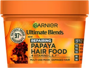Garnier Hair Food 3-in-1 Hair Treatment Mask, Intensely Nourishes and Repairs Hair, For Damaged Hair, No Silicones, Vegan Formula, Papaya, Ultimate Blends, 400ml