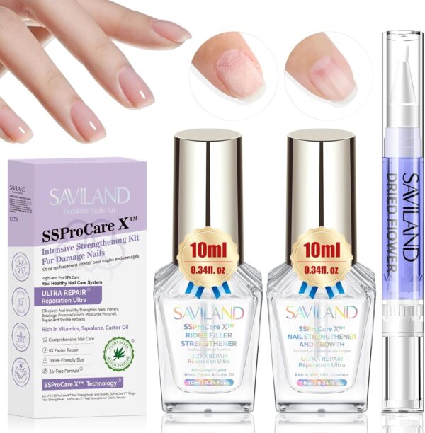 SAVILAND 3-IN-1 Nail Strengthener Kit: Ultra Repair Nail Growth and Strengthener with Vitamin E Castor Oil Nail Strengthener for Damaged Nails Care Kit for Repairing Nourishing Weak Brittle Nail Home