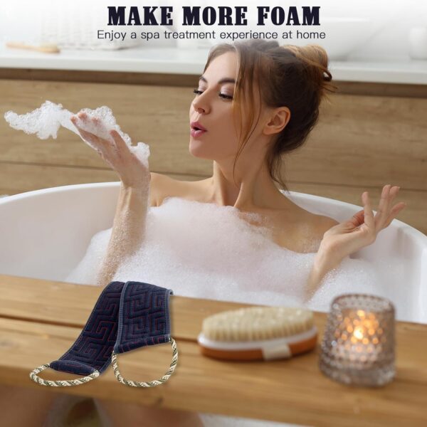 KASURE Exfoliating Back Scrubber for Shower & Bath Towel, Double-Side Use Exfoliate Washcloth Bath Tool, 37 Inches Back Washer with Handles, Shower Back Scrubber （2* Invisible Hook Included）