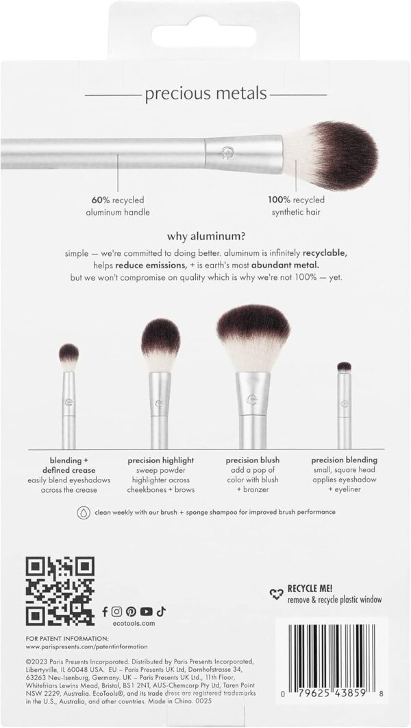 EcoTools Precious Metals Cheek & Eye Highlight Makeup Brush Kit, for Eyeshadow, Blush, & Powder Products, Eco Friendly, Vegan, Cruelty Free Face Brushes, Recycled Aluminum, Chrome, 4 Piece Set