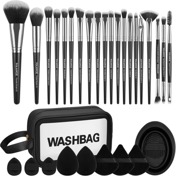 Makeup Brushes, MAANGE 30 Pcs Professional Makeup Brush Set for Foundation Blending Powder Blush Concealers Eyeshadow, 5 Products Included, Makeup Brushes Black, 30 Piece Set