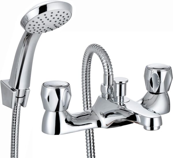 ENKI, Quest, BBT0256, Chrome, Bath Shower Mixer Taps & Shower Attachment, Solid Brass, Easy Clean, Modern Design, Compression Valves, Easy to Install