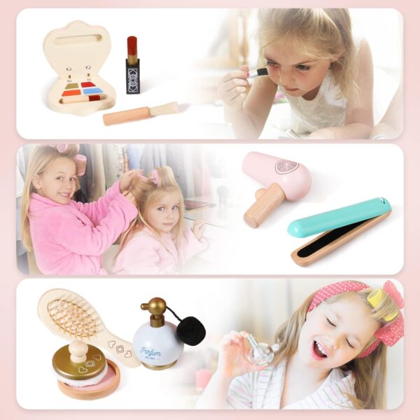 Pretend Makeup Sets Montessori Wooden Toy Kit Pretend Makeup Play Dress Up Kit for Toddler Children & Little Girls Fake Makeup Cosmetic with Hair Dryer, Mirror, Perfume Gifts Ages 3 +