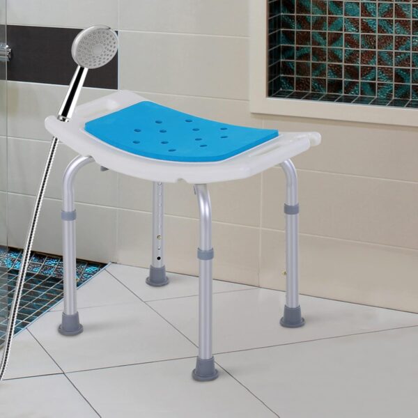 HOMCOM 6-Level Height Adjustable Aluminium Bath Room Stool Chair Shower Non-Slip Design w/Padded Seat Drainage Holes Foot Pad, Blue