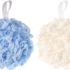 Larfraecy 2Pcs Shower Puffs, Large Mesh Exfoliating Bath Sponge Soft Body Puff Scrunchie for Scrubbing Loofah Sponge Body Scrubber for Women, Men Skin Exfoliating (White+Blue)