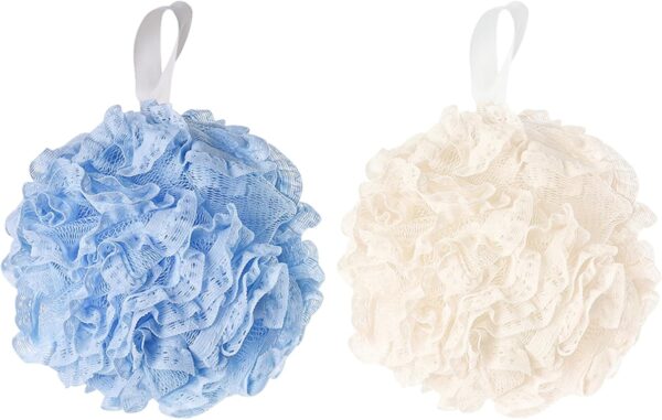 Larfraecy 2Pcs Shower Puffs, Large Mesh Exfoliating Bath Sponge Soft Body Puff Scrunchie for Scrubbing Loofah Sponge Body Scrubber for Women, Men Skin Exfoliating (White+Blue)