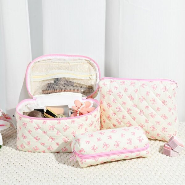 3PCS Makeup Bag Quilted Makeup Bags Set Cute Large Cosmetic Bag for Women Girls Coquette Aesthetic Toiletry Bag Travel Make Up Organizer Skincare Bag