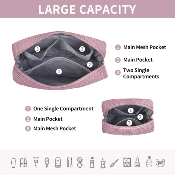 MAGEFY Makeup Bag 2 Pcs Small Makeup Bag for Handbag Corduroy Make up Bag with Compartments Travel Makeup Pouch for Girls Women (Pink)