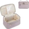 Makeup Bag Travel with Brush Compartment, Large PU Leather Cosmetic Organizer Case with Handle, Water-Resistant for Women, Purple (Patent Pending)