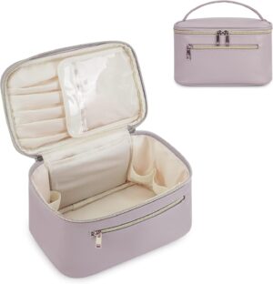 Makeup Bag Travel with Brush Compartment, Large PU Leather Cosmetic Organizer Case with Handle, Water-Resistant for Women, Purple (Patent Pending)